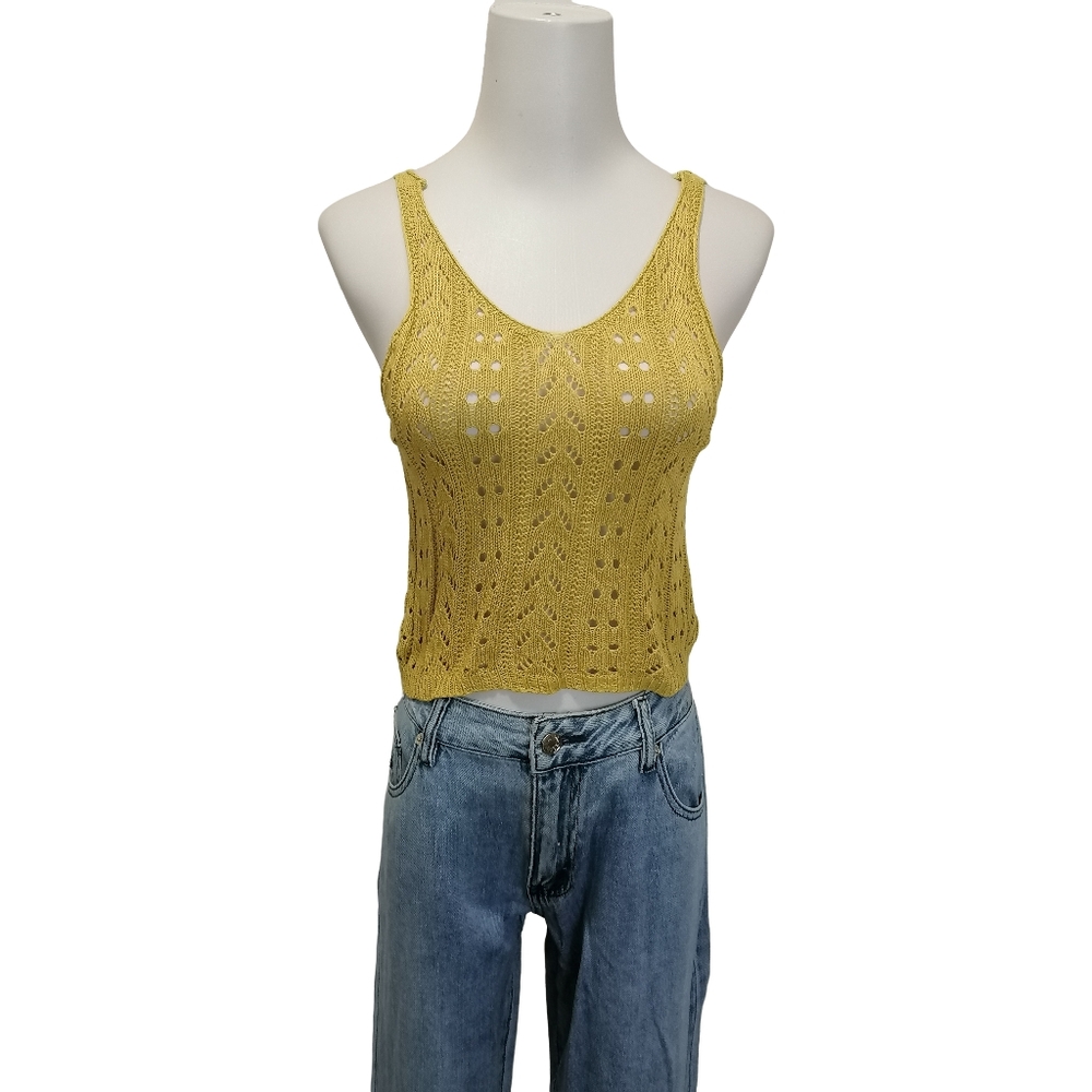 🥑🥑🥑 Mustard Knit Tank Top - Women's Sleeveless Crochet Vest